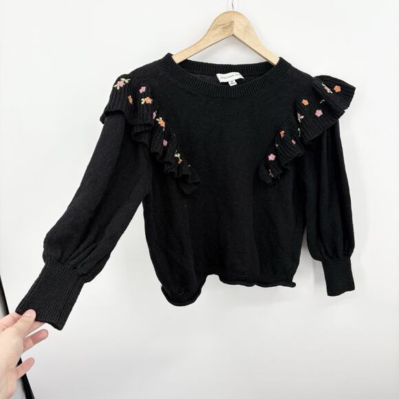Something Navy Sweater XSmall Whimsigoth Embroidered Floral Ruffle Romantic Boho - Picture 2 of 7
